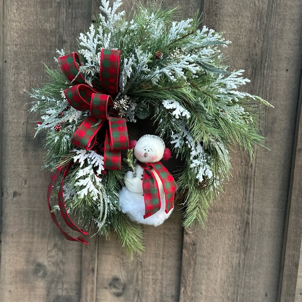 Snowy Green and Red Holiday Wreath with Snowman